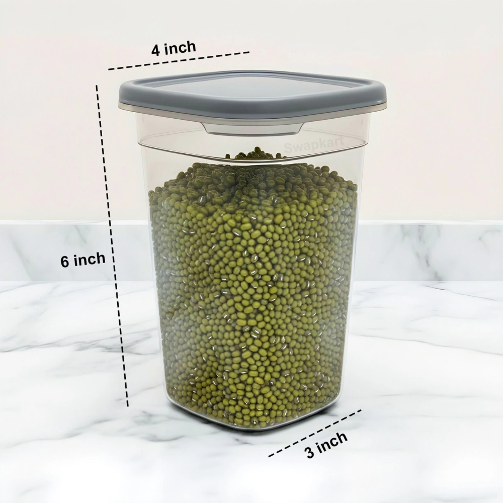 Airtight Kitchen Storage Containers | 1200ml Stackable Transparent Plastic Jars for Rice, Dal, Pulses & Dry Fruits with Grey Lid
