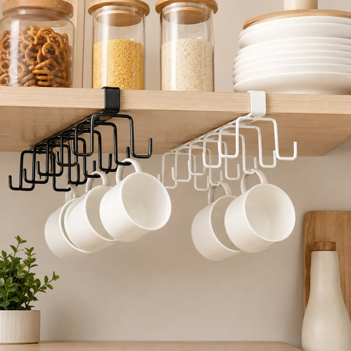 Double Row Under Cabinet Cup Holder Rack with 12 Hooks | Metal Mug & Coffee Cup Hanging Organizer | Kitchen Towel Holder