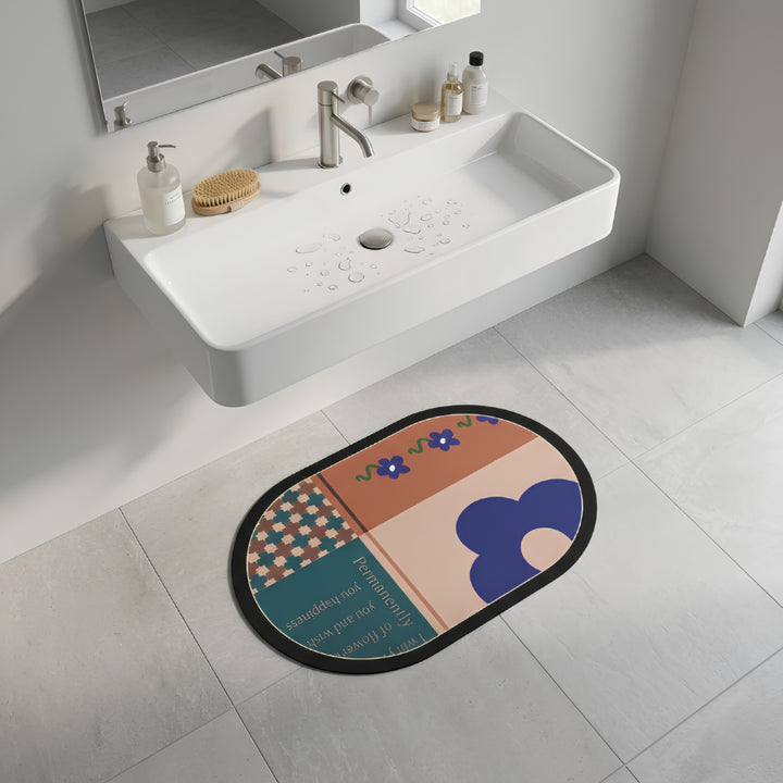 Boho Abstract Oval Anti-Slip Bath Mat | Soft Absorbent Quick Dry Bathroom Floor Rug Modern Floral Door Mat
