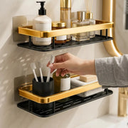 Bathroom Organizer Wall Mount Self Rack Black & Gold Aluminium Storage, Pack of 2