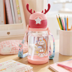 600ml Cute Cartoon Kids Water Bottle with Straw & Strap | Leakproof BPA-Free Sipper Bottle with Reindeer Antlers Cap for School & Travel