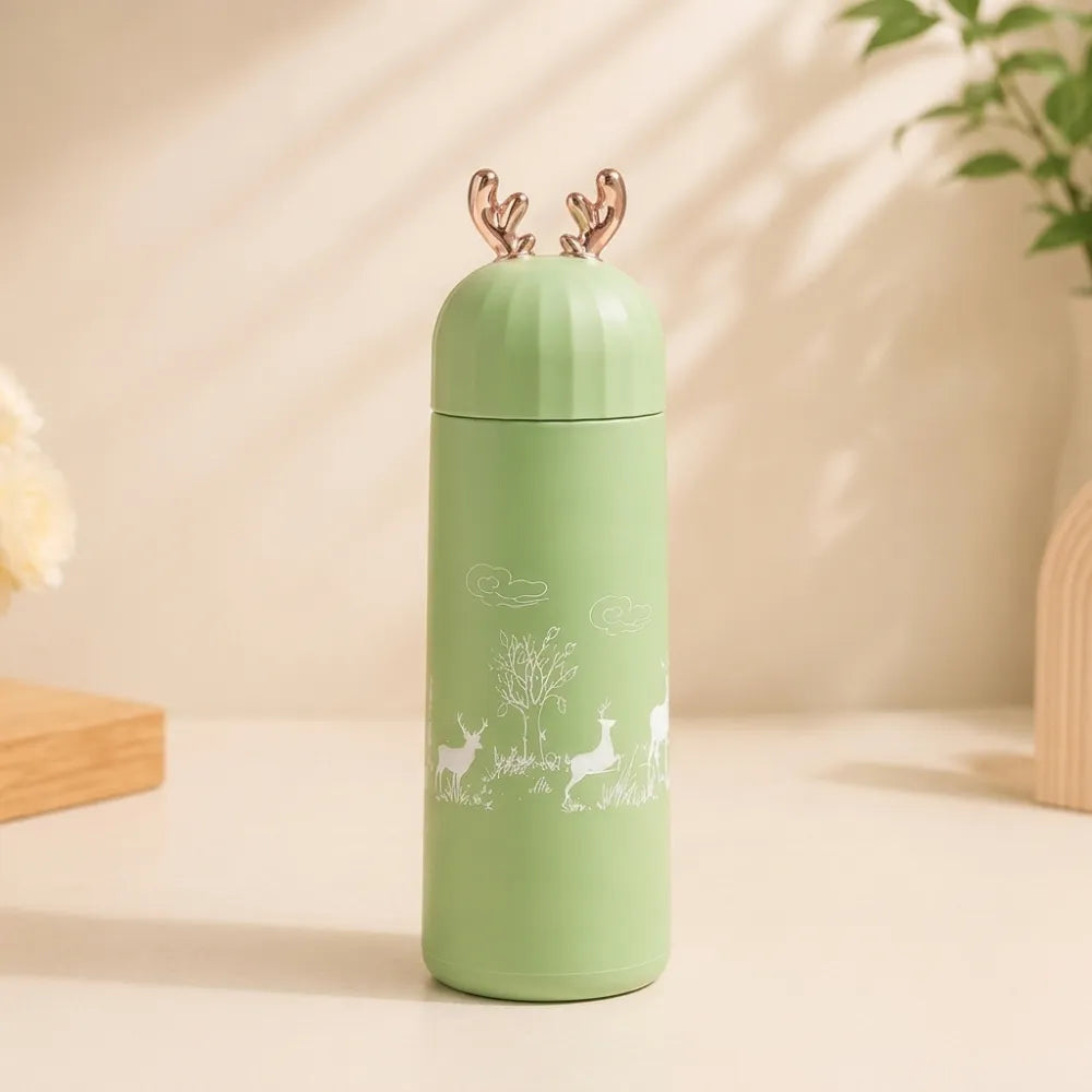 350ml Cute Deer Glass Water Bottle | Leakproof Insulated Flask with Antler Lid | BPA-Free Reusable Sipper for Kids, Girls & Travel (1Pcs)