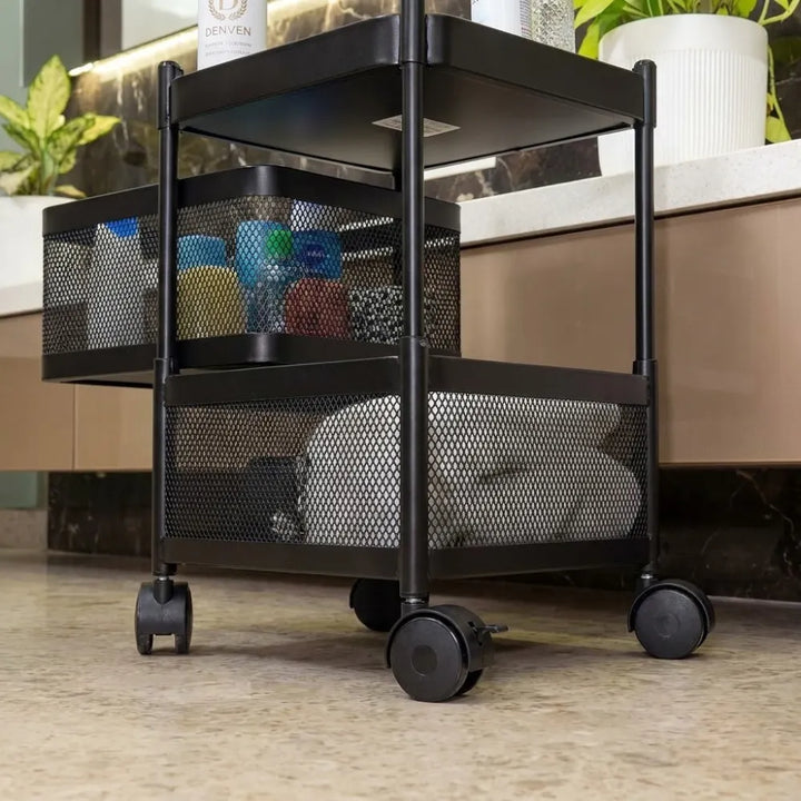 2-Layer Square Multipurpose Storage Trolley with Wheels | Rotating Organizer for Home & Office