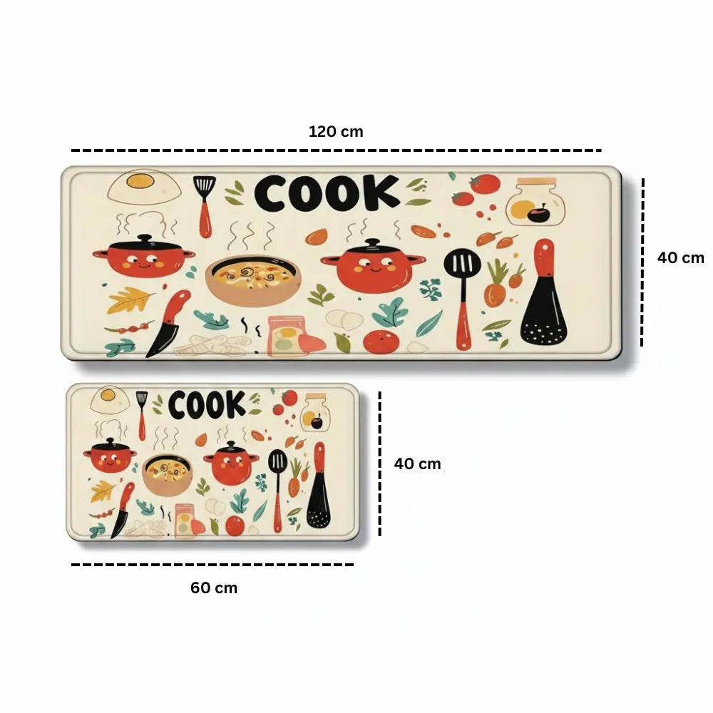 2-Piece “Cook” Kitchen Mat Set | Waterproof Non-Slip Anti-Fatigue Cushioned Rugs for Kitchen Floor & Standing Comfort