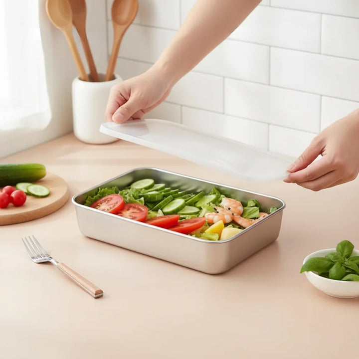 Stainless Steel Square Plate with Lid | Heavy-Duty Food-Grade Baking & Storage Tray, Thickened Metal Dish with Leak-Proof Clear Lid for Oven & Kitchen Use