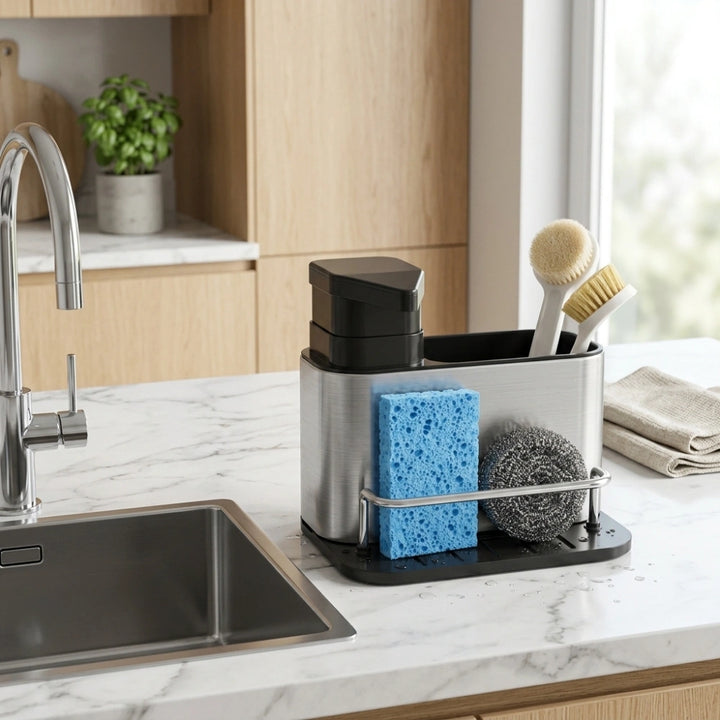 3-in-1 Stainless Steel Kitchen Sink Caddy Organizer with Soap Dispenser, Sponge & Brush Holder