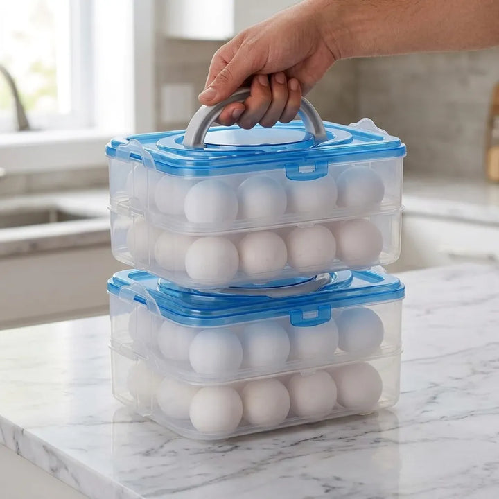 24 Grid Egg Storage Container for Fridge | 2-Layer Plastic Egg Organizer Tray with Handle | Refrigerator Egg Holder & Kitchen Storage Box