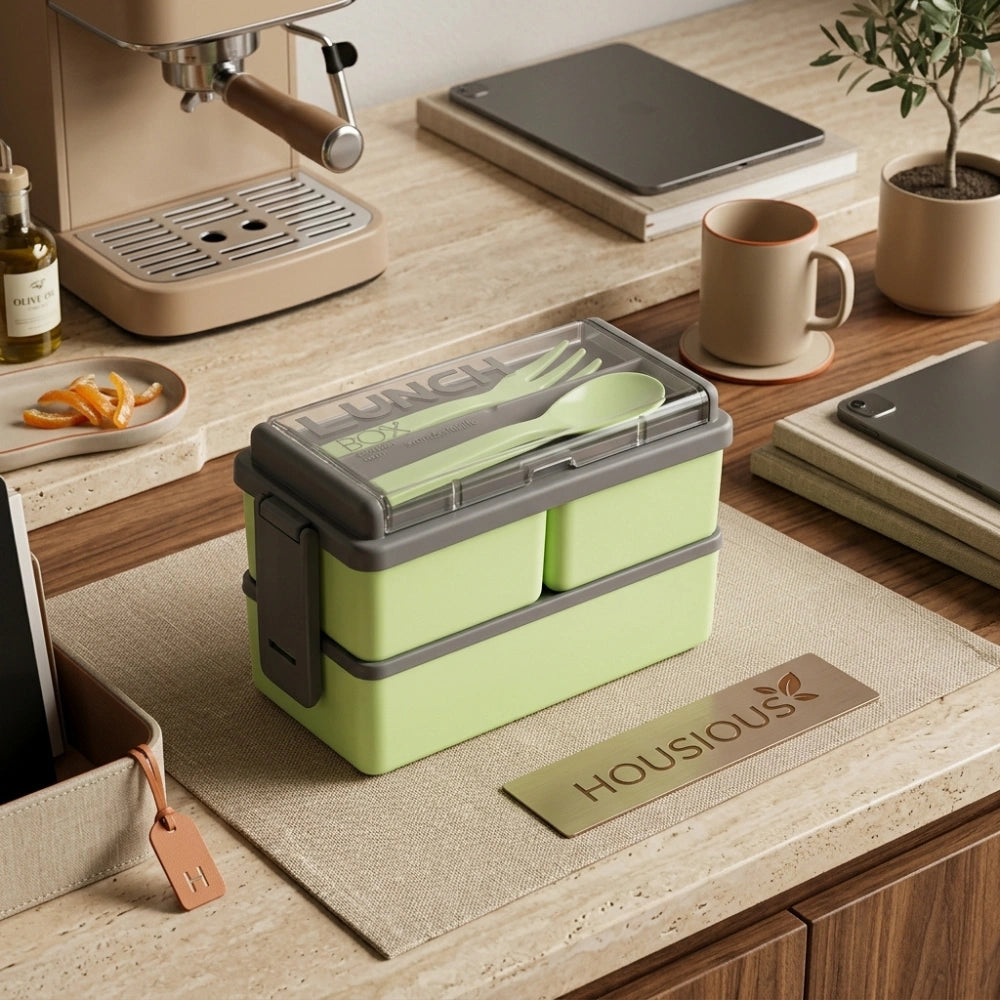 Double Layer Lunch Box with 3 Compartments, Spoon & Fork | BPA-Free Leakproof Bento Box