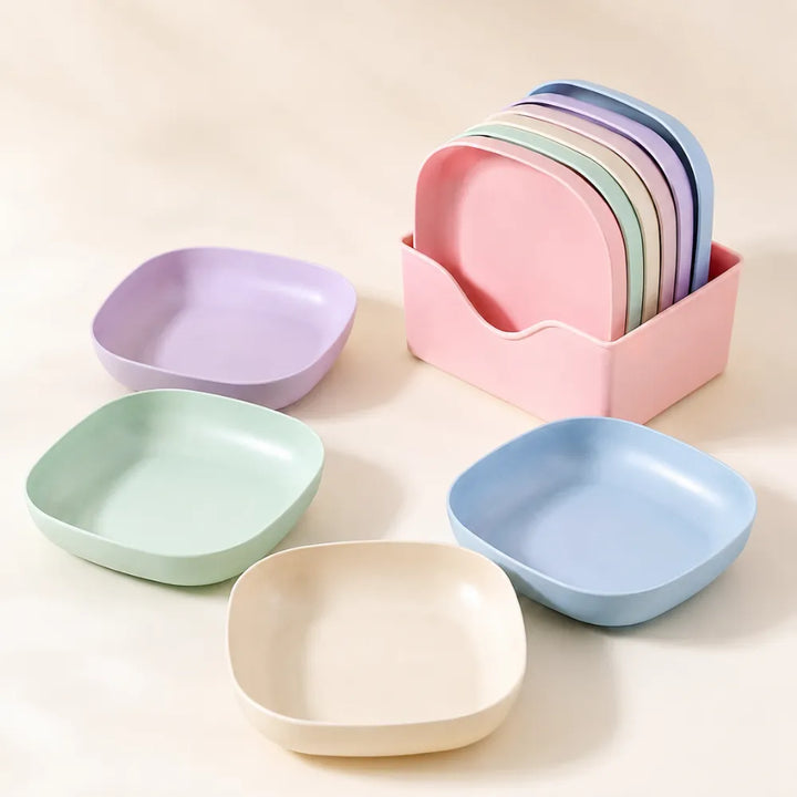 10PCS Square Plastic Dinner Plates Set with Stand | Reusable Colorful Snack, Breakfast & Serving Plates for Home, Kitchen, Picnic & Party