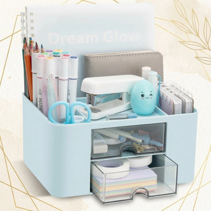 Multi-Functional Desk Organiser with 2 Drawers | Large Capacity Desktop Pen, Pencil & Stationery Storage Holder