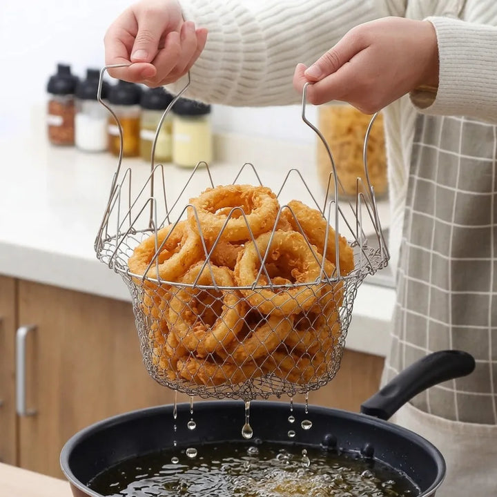 Foldable Stainless Steel Frying Basket | 2-in-1 Deep Fry, Steam & Strainer Basket | Multipurpose Mesh Cooking Basket with Handle
