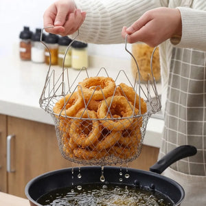 Foldable Stainless Steel Frying Basket | 2-in-1 Deep Fry, Steam & Strainer Basket | Multipurpose Mesh Cooking Basket with Handle