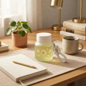 300ml Daisy Glass Water Bottle | Cute Frosted Glass Bottle with Daisy Charm | Portable Mini Water Bottle for Women, Girls & Teens