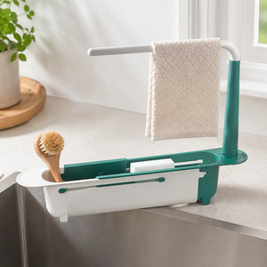 Adjustable Sink Rack Holder & Drain Basket | Extendable Sponge, Soap & Towel Organizer | Kitchen Sink Storage Basket