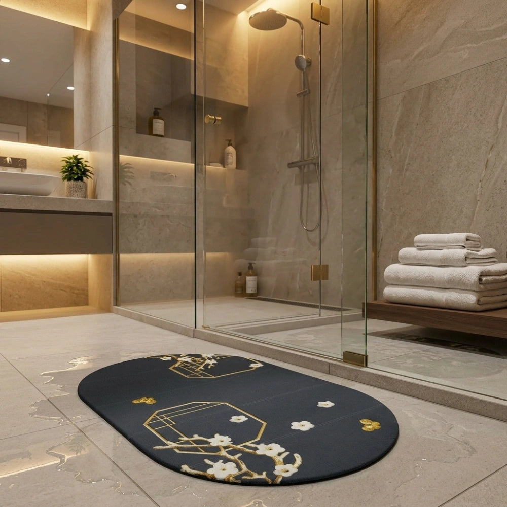 Charcoal Oval Bath Mat with Gold Geometric & White Blossom | Soft Quick Dry Anti-Slip Absorbent Floor Rug for Bathroom Entrance & Bedroom