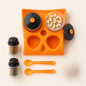 4PCS Multipurpose Pickle, Salt & Pepper Jar Set with Tray & 2 Spoons | Plastic Spice, Dry Fruit & Mukhwas Organizer for Dining Table