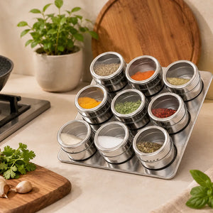 9PCS Stainless Steel Magnetic Spice Jar Set with Rack | Masala Storage Containers for Salt, Pepper & Seasonings