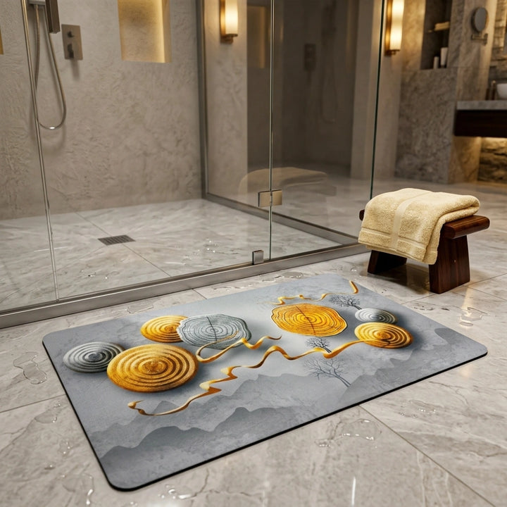 Zen Stone Wood Slice Bath Mat | Non Slip Absorbent Bathroom Rug Modern Spa Floor Mat