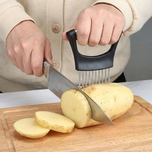 Stainless Steel Onion Holder & Slicer | 10-Prong Vegetable Cutter for Onion, Tomato, Lemon & Fruits | Easy Grip Kitchen Tool