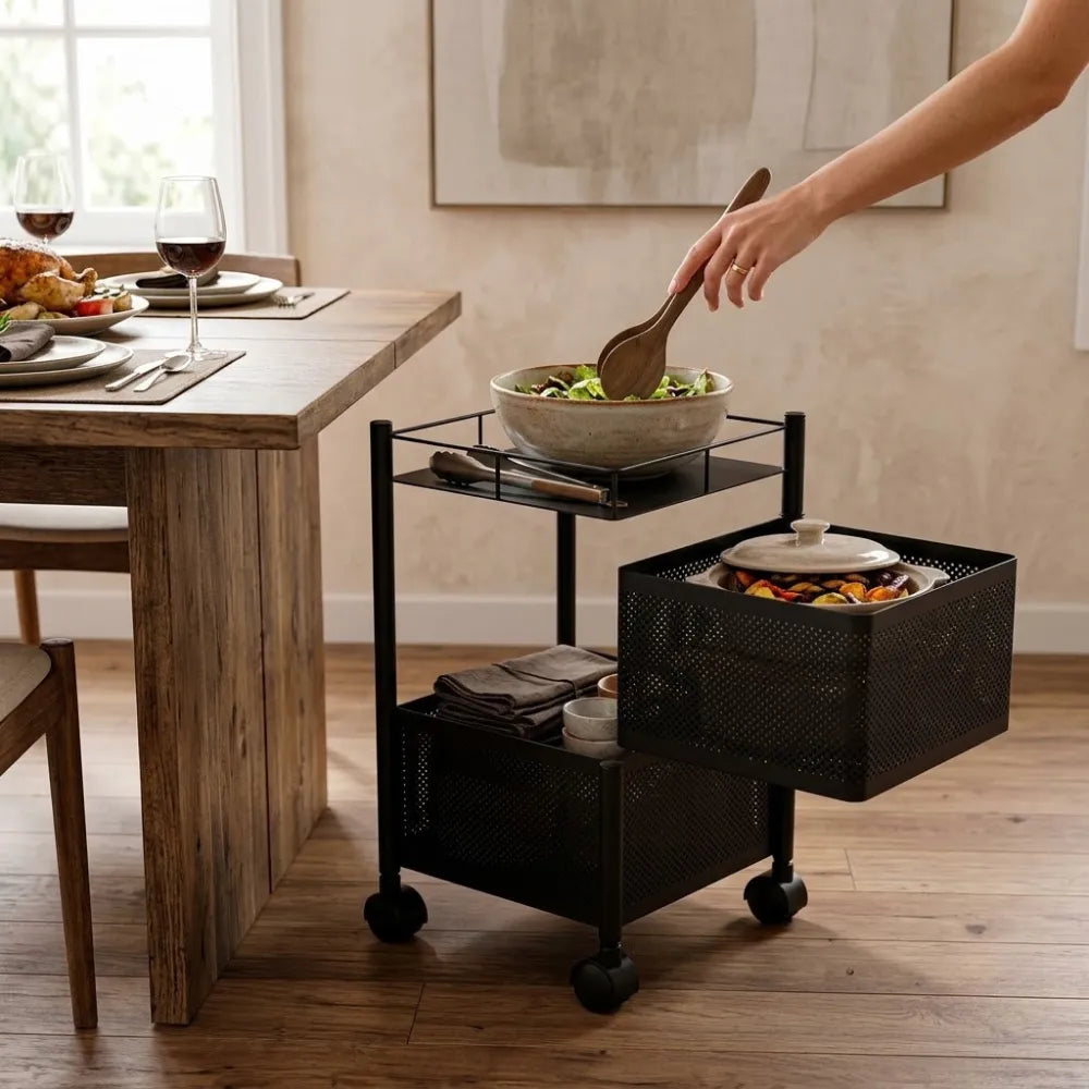 2-Layer Square Multipurpose Storage Trolley with Wheels | Rotating Organizer for Home & Office