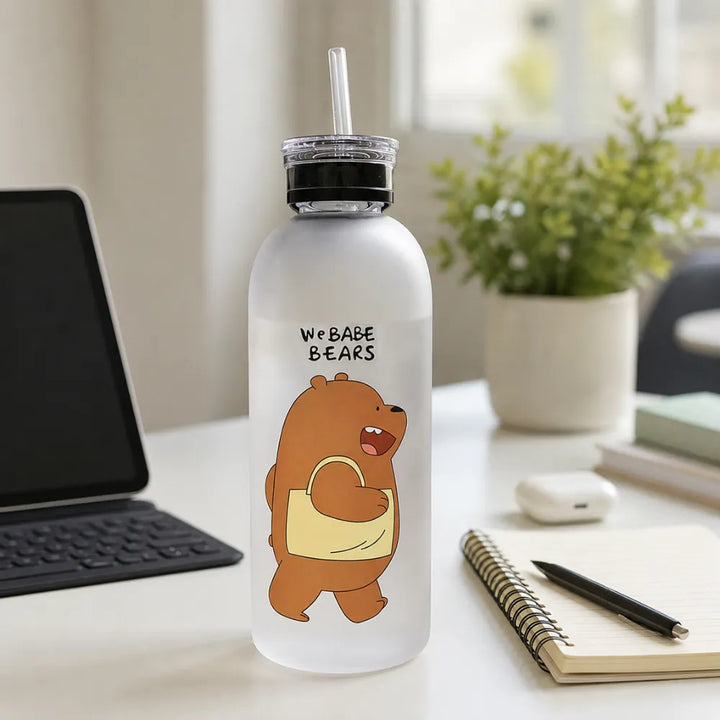 1000ml Cute Bear & Panda Sports Water Bottle with Straw | BPA-Free Frosted Plastic Bottle with Wrist Strap | Wide Mouth Drinking Bottle