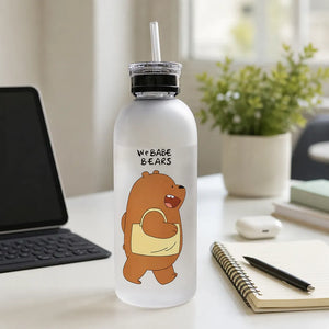 1000ml Cute Bear & Panda Sports Water Bottle with Straw | BPA-Free Frosted Plastic Bottle with Wrist Strap | Wide Mouth Drinking Bottle