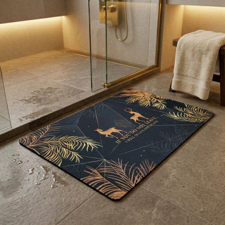 Mystic Deer Quote Bath Mat | Non Slip Bathroom Rug with Gold Leaf Boho Spa Decor