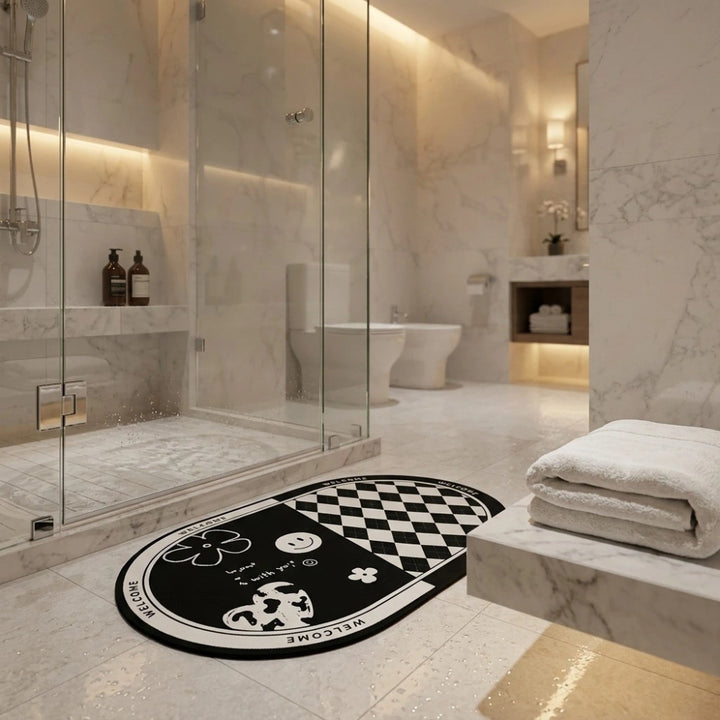 Black & White Anti-Slip Bathroom Mat | Modern Oval Bath Rug | Soft Absorbent Quick Dry Floor Carpet
