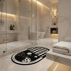 Black & White Anti-Slip Bathroom Mat | Modern Oval Bath Rug | Soft Absorbent Quick Dry Floor Carpet