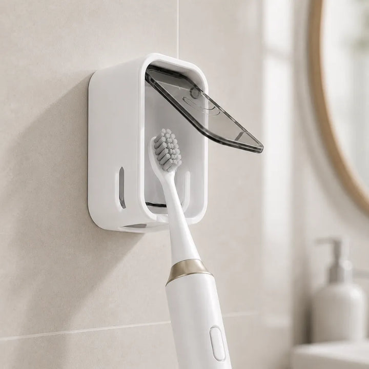 Wall Mounted Toothbrush Holder with Dustproof Cover | Self-Adhesive Bathroom Toothbrush Organizer with Clear Window & Quick-Dry Design