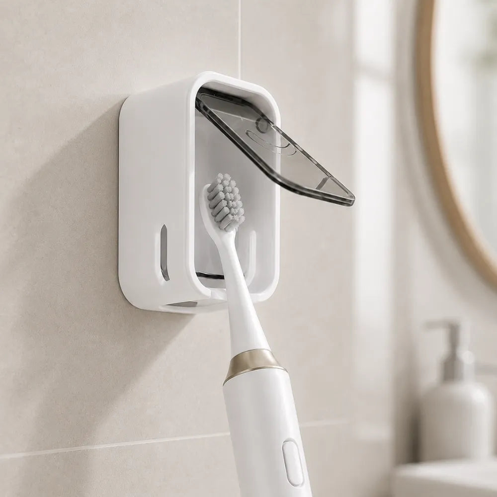 Wall Mounted Toothbrush Holder with Dustproof Cover | Self-Adhesive Bathroom Toothbrush Organizer with Clear Window & Quick-Dry Design