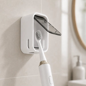 Wall Mounted Toothbrush Holder with Dustproof Cover | Self-Adhesive Bathroom Toothbrush Organizer with Clear Window & Quick-Dry Design