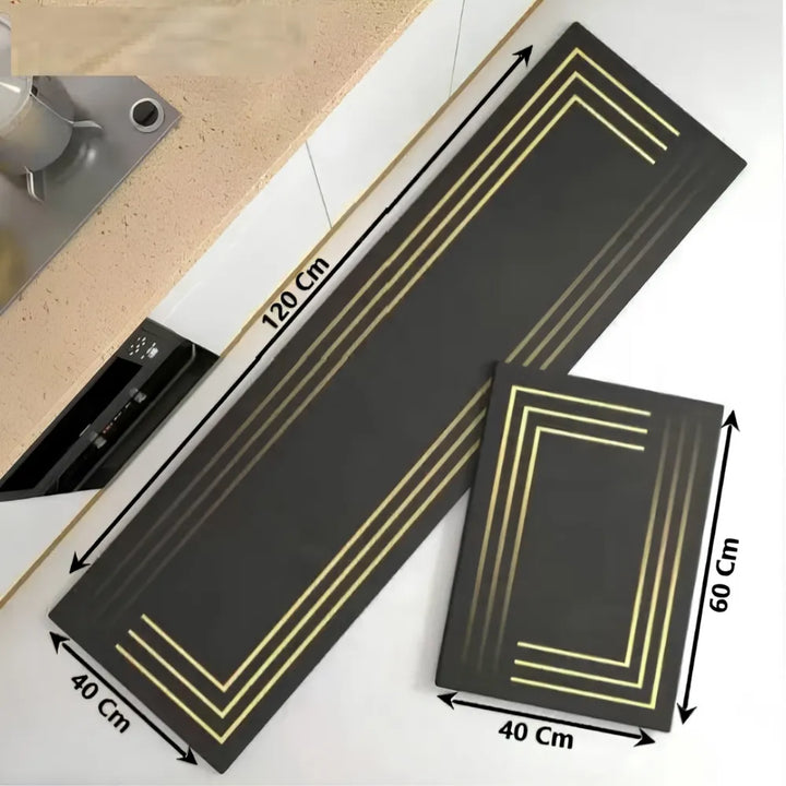 2-Piece Black & Gold Line Kitchen Mat Set | Elegant Non-Slip Oil-Proof Absorbent Anti-Fatigue Runner Rugs for Kitchen & Floor