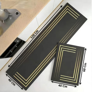 2-Piece Black & Gold Line Kitchen Mat Set | Elegant Non-Slip Oil-Proof Absorbent Anti-Fatigue Runner Rugs for Kitchen & Floor
