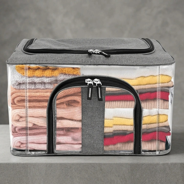 33 LTR Transparent Clothes Storage Box with Zipper & Carry Handle | Nylon PVC Moisture Proof Under Bed Wardrobe Organizer for Clothes, Blankets & Bedding