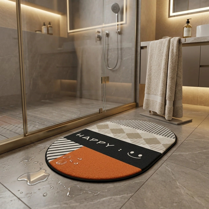 Modern Happy Print Anti-Slip Bathroom Mat | Soft Absorbent Quick Dry Bath Rug | Stylish Washroom Floor Carpet