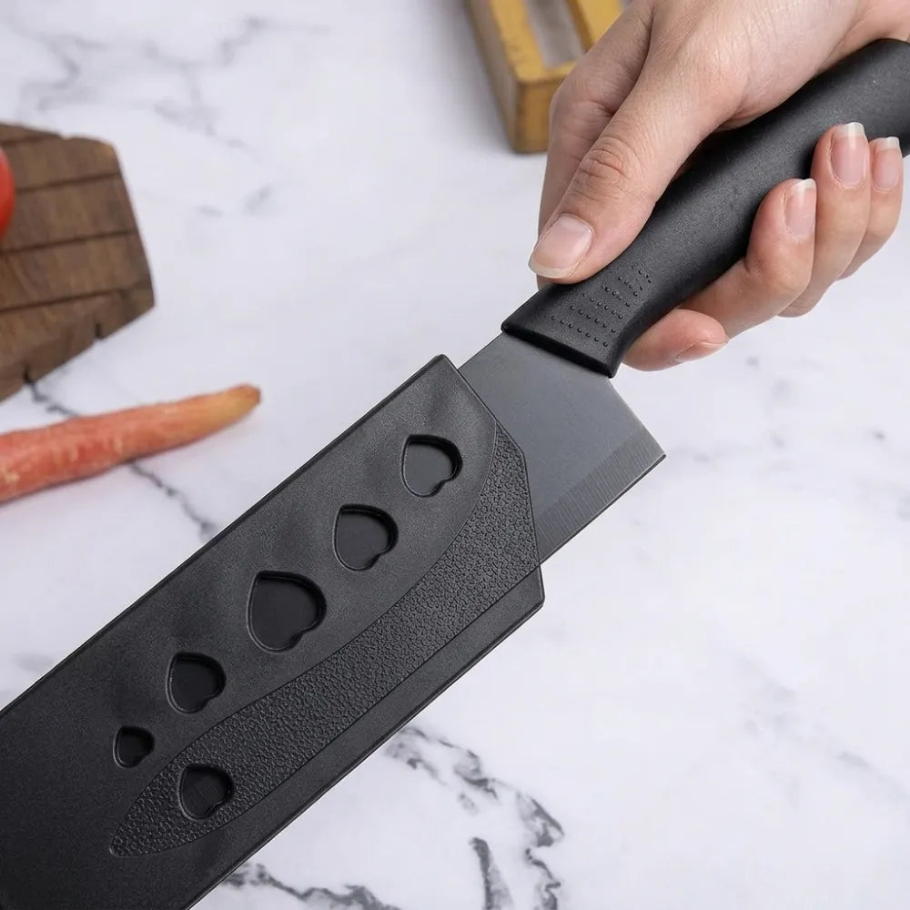 3-Piece Black Kitchen Knife Set | Santoku, Cleaver & Paring Knives with Blade Guards | Non-Stick Stainless Steel Kitchen Knife Set