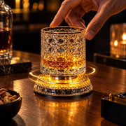 LED Rotating Whiskey Glasses 300ml – Pack of 2 | Crystal Cut 360° Spinning Rocks Glasses with LED Base for Whiskey, Scotch & Cocktails