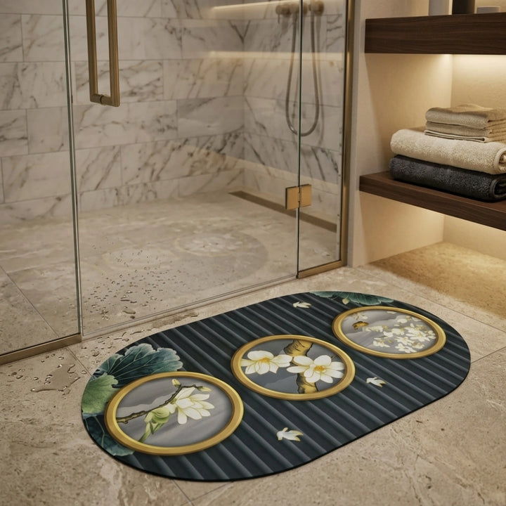 Magnolia Blossom Oval Bath Mat | Soft Quick Dry Anti-Slip Absorbent Floor Rug for Bathroom Entrance & Bedroom