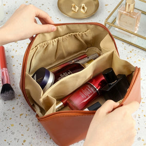 Leather Makeup Travel Bag | Cross Open Cosmetic Organizer with Handle & Divider, Spacious Storage for Beauty Essentials
