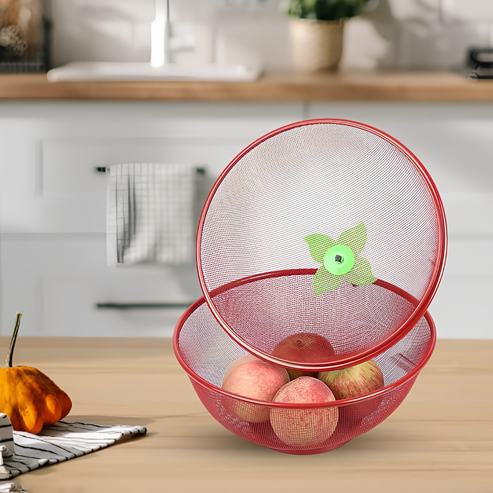 Apple Shape Fruit Basket with Lid Net Cover | Large Stainless Steel Food Storage Basket for Fruits & Vegetables, Protective Mesh Cover for Kitchen & Dining
