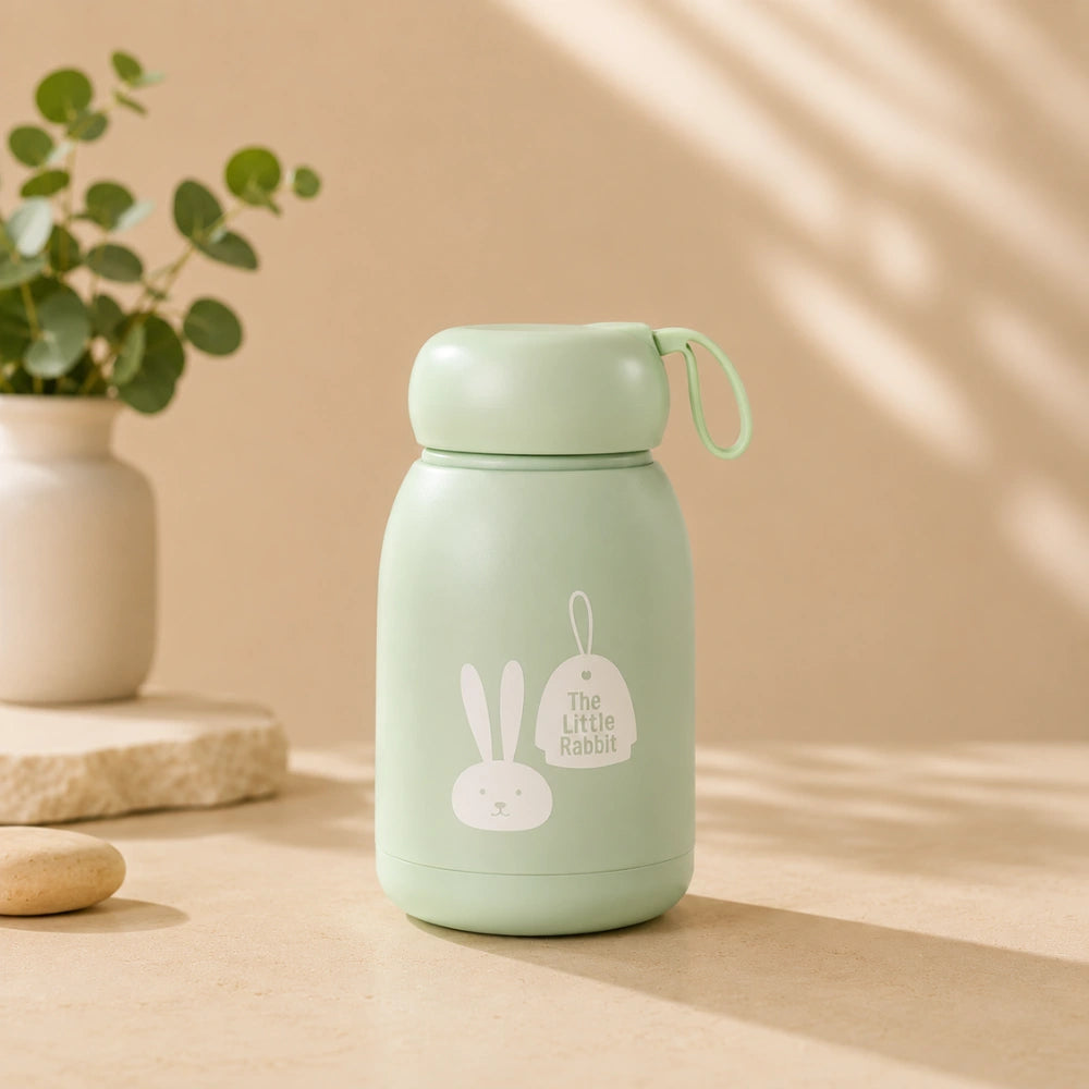330ml Cute Bunny Water Bottle for Kids | Insulated Stainless Steel Sipper Bottle with Rabbit Print, Leakproof Vacuum Flask for School, Travel & Daily Use