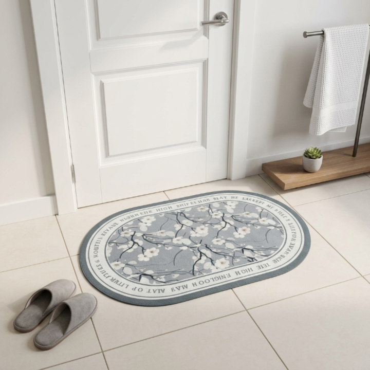 Floral Oval Bathroom Floor Mat Set | Soft Non-Slip Absorbent Bath Rug Modern Decorative Washable Door & Bathroom Mat