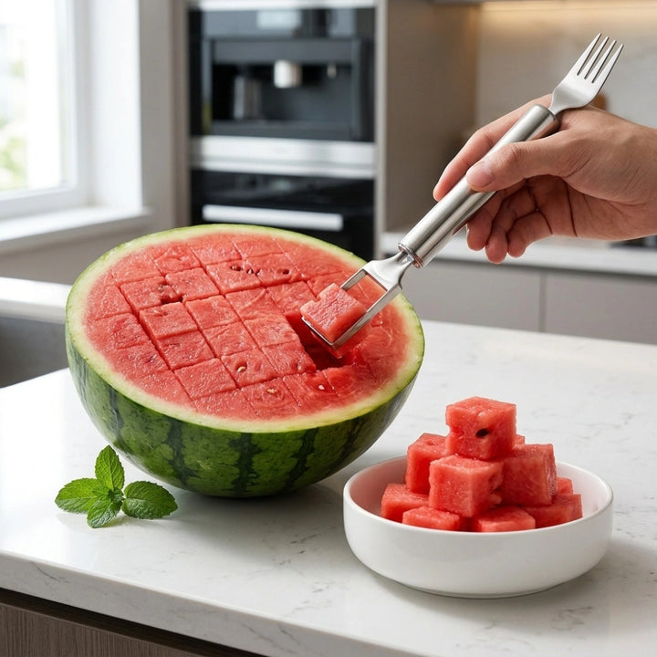 2-in-1 Stainless Steel Watermelon Cutter & Slicer | Fruit Cutting Tool for Watermelon, Melon & Cantaloupe | Easy Cube Slicer