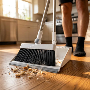 Long Handle Broom & Dustpan Combo Set | Upright Standing Sweep Set with Self-Cleaning Scraper | Home, Office & Floor Cleaning