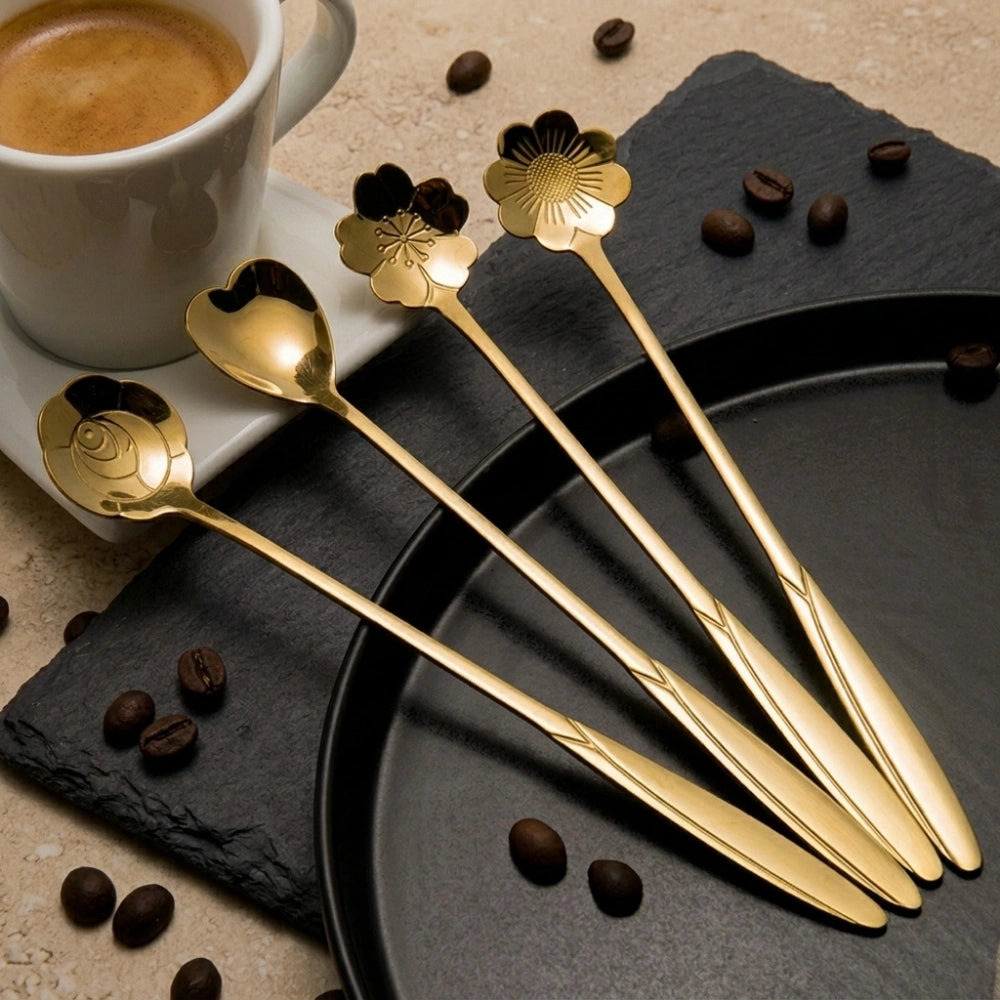 4-Piece Flower Coffee Spoon Set | Stainless Steel Dessert, Tea & Ice Cream Spoons, Elegant Floral Tableware