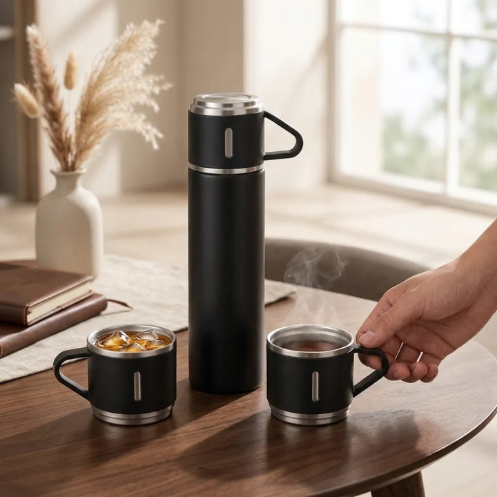 500ml Vacuum Flask Gift Set with 3 Stainless Steel Cups | Double Wall Insulated Hot & Cold Thermos | Premium Travel Flask Combo