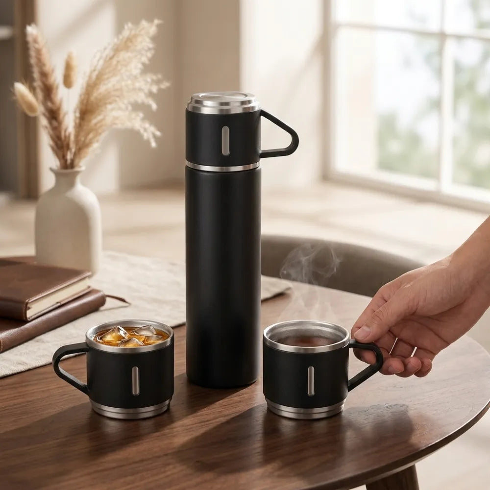 500ml Vacuum Flask Gift Set with 3 Stainless Steel Cups | Double Wall Insulated Hot & Cold Thermos | Premium Travel Flask Combo