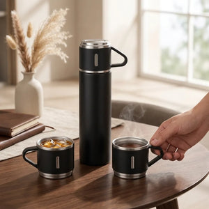 500ml Vacuum Flask Gift Set with 3 Stainless Steel Cups | Double Wall Insulated Hot & Cold Thermos | Premium Travel Flask Combo