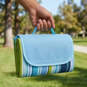 Foldable Beach & Picnic Mat 150×180cm | Waterproof Outdoor Blanket with Carry Handle | Blue Striped Camping & Travel Mat